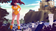 drawing giantess color large_breasts cleavage brunette purple_eyes castle pigtails looking_down leotard angelgts seven_deadly_sins diane_(seven_deadly_sins)