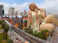 giantess collage city long_hair cleavage buildings sky voluptuous tram thick_thighs utamovita
