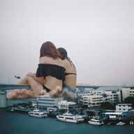 bikini giantess collage city black_hair long_hair destruction helicopter brunette asian sitting giantesses boats outdoors airraid kyojingirls