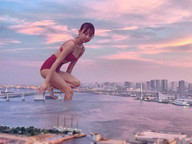 breasts giantess collage city mega swimsuit bridge cleavage water brunette asian looking_down river straddling ships airraid kyojingirls