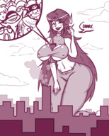 drawing giantess city mega monochrome long_hair butt huge_breasts smiling outdoors closed_eyes thick_thighs between_breasts apology