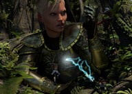 blonde long_hair armor attack blue_hair knight short_hair boots fighting shrunken_man dark_skin magic outdoors digital_render innocent-owl