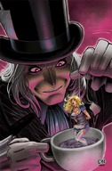 drawing blonde color long_hair giant cleavage stockings domination gloves dress bondage shrunken_woman dangle tea string hat alice_in_wonderland mad_hatter alice