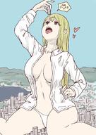 drawing giantess panties vore city blonde color destruction mouth handheld cleavage buildings heart between_fingers uru
