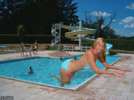 bikini giantess collage blonde long_hair smiling pool onlookers looking_at_viewer wading lowerrider cassidy_heights