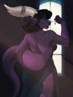 drawing furry horns anthro black_hair color long_hair butt smiling dress muscles cage trapped dangle between_fingers purple_skin pinched kerneldecoy human_jewelry