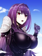 long_hair destruction handheld purple_hair red_eyes airplane skyscraper bodysuit hand_crush clouds fate_(series) scathach