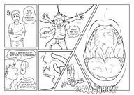 drawing vore comic monochrome tongue teeth handheld shrunken_man open_mouth dangle between_fingers smushedboy babysitter