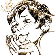 drawing blushing monochrome tongue licking handheld crow shrunken_man sketch pencil on_palm
