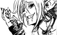 drawing white_hair monochrome long_hair handheld saliva smiling gloves dragon_ball shrunken_man looking_down nervous frieza no_background android_21 majin_android_21 hoop_earring