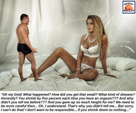 collage blonde cleavage bed legs shrunken_man dialogue squeezemeflat looking_at_tiny shrinking-virus