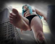 collage city long_hair destruction barefoot blue_hair blood topless low_angle foot_crush outdoors raised_foot