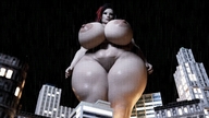 giantess nude city black_hair long_hair huge_breasts low_angle looking_down outdoors raining thick_thighs digital_render dinner-kun
