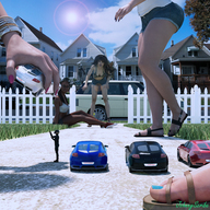 giantess toes sandals bending_over shrunken_man looking_down giantesses vehicles outdoors nail_polish blue_nails digital_render johnnyscribe