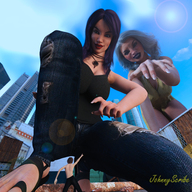 giantess white_hair clothed brunette low_angle smiling sandals looking_down giantesses outdoors pointing digital_render johnnyscribe