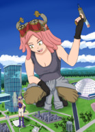 drawing giantess horns city mega blonde color long_hair cleavage gun buildings glasses multiple_sizes smiling pink_hair looking_down giantesses outdoors crouching my_hero_academia skintight_clothing giantwaifus mt._lady