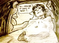 drawing nipples nude monochrome crow lying_down short_hair shrunken_man sketch looking_at_tiny