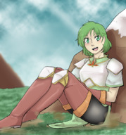 drawing giantess color green_eyes green_hair boots sitting mountains karin fire_emblem xxxgoom