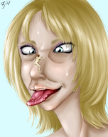 drawing blonde color long_hair tongue saliva looking_down open_mouth hanging_on no_background looking_at_tiny on_nose 3fy saliva_drool