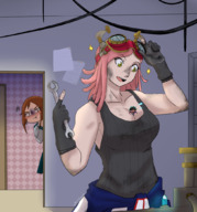drawing gentle color yellow_eyes pink_hair shrunken_man jealousy my_hero_academia mei_hatsume wrench xxxgoom between_breasts deku izuku_midoriya ochaco_uraraka