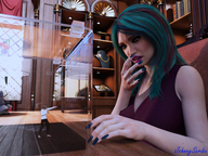 long_hair clothed cleavage surprised shrunken_man looking_down caged manicure colored_hair digital_render johnnyscribe glass_case