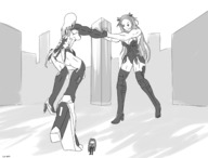 drawing city monochrome long_hair high_heels muscles fighting giantesses outdoors skimpy_clothing giantwaifus