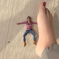 barefoot lying_down headphones shrunken_woman red_nails nail_polish raised_foot boomgts digital_render
