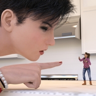 black_hair clothed brunette short_hair shrunken_woman pointing bracelet boomgts digital_render