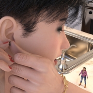 multiple_sizes shrunken_woman looking_up red_nails between_fingers nail_polish bracelet boomgts pinched digital_render heavy_eyeshadow