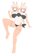 breasts drawing giantess color barefoot shrunken_man bunnysuit no_background extra_arms extra_breasts extra_heads between_breasts sharktilian