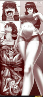 drawing vore monochrome large_breasts long_hair saliva hand short_shorts shrunken_woman looking_down inside_view licking_lips panels struggling stomach_bulge bare_midriff dango-noms