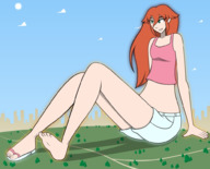 giantess feet park red_hair sandals shorts long flip_flops top hair