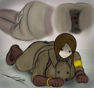 drawing giantess crush color blood brunette gore short_hair uniform cruel thighs thigh_crush military_uniform whip_(kof)