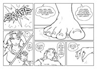 drawing giantess comic monochrome long_hair toes barefoot multiple_sizes story shrunken_man looking_down dialogue panels smushedboy