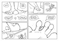 drawing giantess comic monochrome long_hair toes barefoot multiple_sizes story shrunken_man looking_down dialogue panels smushedboy