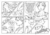 drawing giantess comic monochrome long_hair toes barefoot multiple_sizes story shrunken_man looking_down dialogue panels smushedboy