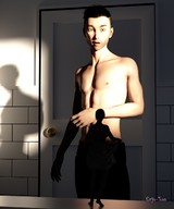 surprised shrunken_woman bathroom towel looking_at_tiny digital_render innocent-owl