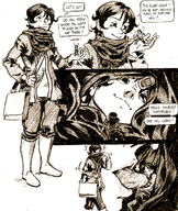 drawing gentle comic monochrome black_hair tongue licking handheld crow short_hair shrunken_man sketch scarf on_palm