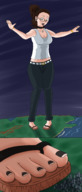 drawing giantess giga color large_breasts long_hair toes cleavage glasses brunette looking_down flip_flops choker rings necklace top bracelet giantwaifus