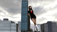 gentle giantess city black_hair long_hair clothed buildings shoes socks asian uniform standing leaning digital_render ai_tanaka aithegiantess