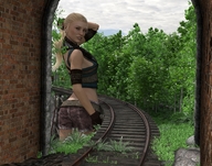 blonde long_hair gloves ponytail outdoors runswithferrets looking_back train_tracks digital_render hand_behind_head