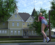 giantess blonde clothed shorts vehicles houses outdoors runswithferrets waving neighborhood digital_render