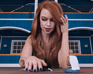 long_hair red_hair sitting shrunken_man pinned nail_polish blue_nails digital_render johnnyscribe