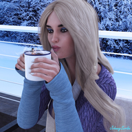 blonde long_hair shrunken_woman looking_down snow outdoors blowing scarf mug digital_render johnnyscribe heavy_eyeshadow