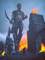 giantess armor sword handheld yellow_eyes knight fire ruins sorenzer0 looking_at_tiny digital_render bare_midriff