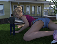 gentle giantess blonde clothed shoes ponytail crawling shorts standing houses runswithferrets top lawn digital_render
