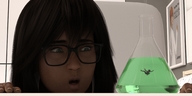 black_hair long_hair clothed handheld glasses brunette shrunken_woman liquid boomgts beaker digital_render submerged