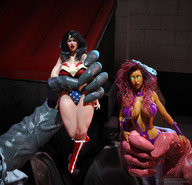 breasts alien black_hair handheld cleavage green_eyes teen_titans gloves red_hair starfire boots shrunken_woman wonder_woman leotard jetslasher tiara digital_render dc_comics orange_skin