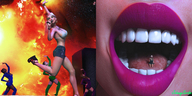 giantess high_heels singing kneeling shorts shrunken_woman open_mouth inside_mouth dancing necklace bikini_top earrings bracelet skimpy_clothing digital_render johnnyscribe