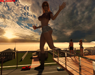 giantess long_hair destruction glasses red_hair boots drink walking looking_down houses outdoors waving ripped_clothing skimpy_clothing digital_render giantess_lover45